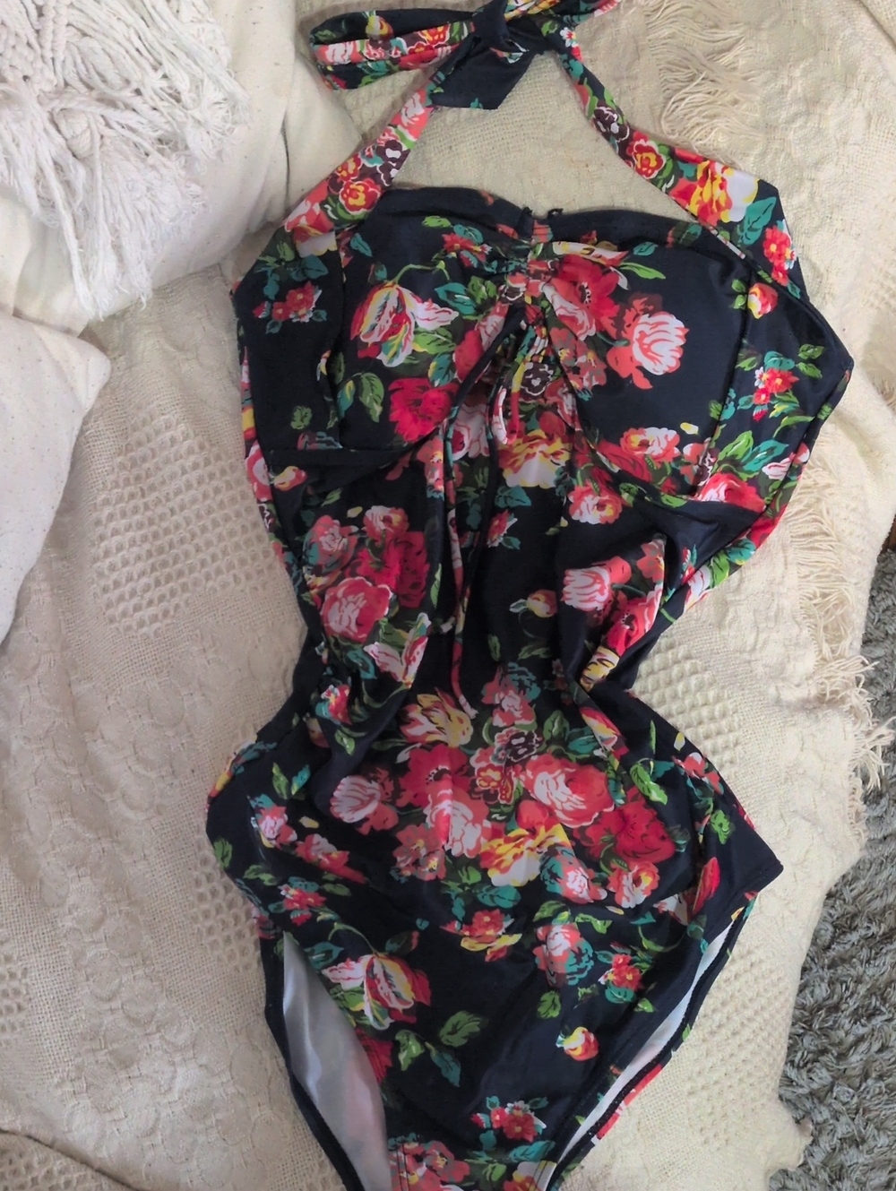 Floral Halter One-Piece Swimsuit - Navy with Pink Flowers